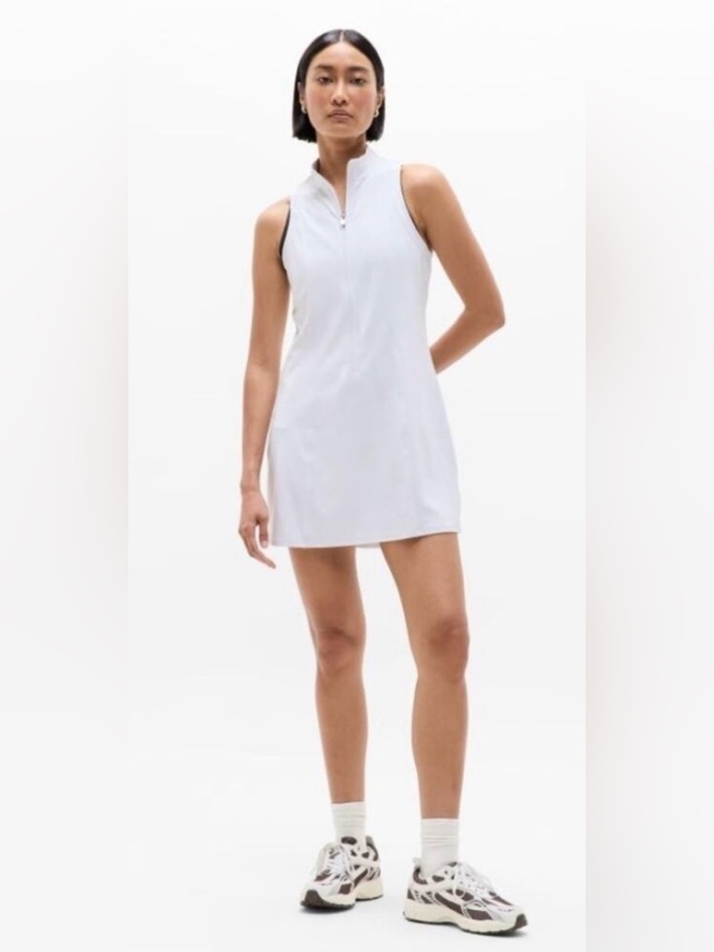 Athleta White Sleeveless Zip-Front A-Line Dress